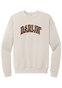 Darlin' crewneck sweatshirt, Patchwork design, in Heather Dust, featuring arched varsity DARLIN' letters filled with leopard and checker print
