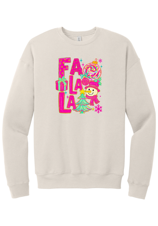 Fa La La Snowman crewneck sweatshirt in Heather Dust, featuring stacked hot pink FA LA LA letters with a snowman, a tinsel tree, gifts, and ornaments