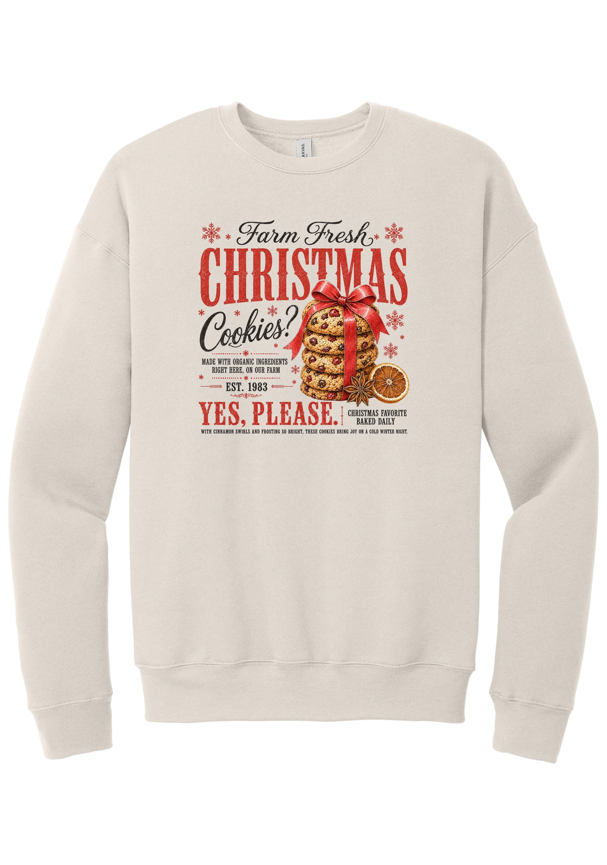 Farm Fresh Christmas Cookies crewneck sweatshirt in Heather Dust, featuring a vintage farmhouse bakery sign with a stack of Christmas cookies tied in a red bow, a dried orange slice, and red and black lettering