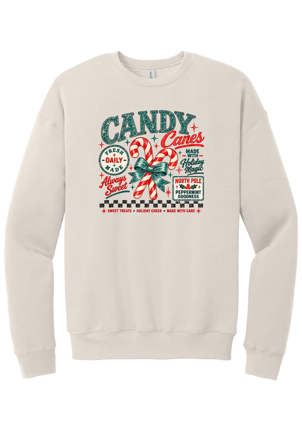 Fresh Candy Canes crewneck sweatshirt in Heather Dust, featuring vintage candy shop lettering with two striped candy canes tied in a green bow, a North Pole Peppermint Goodness sign, and a checkerboard stripe