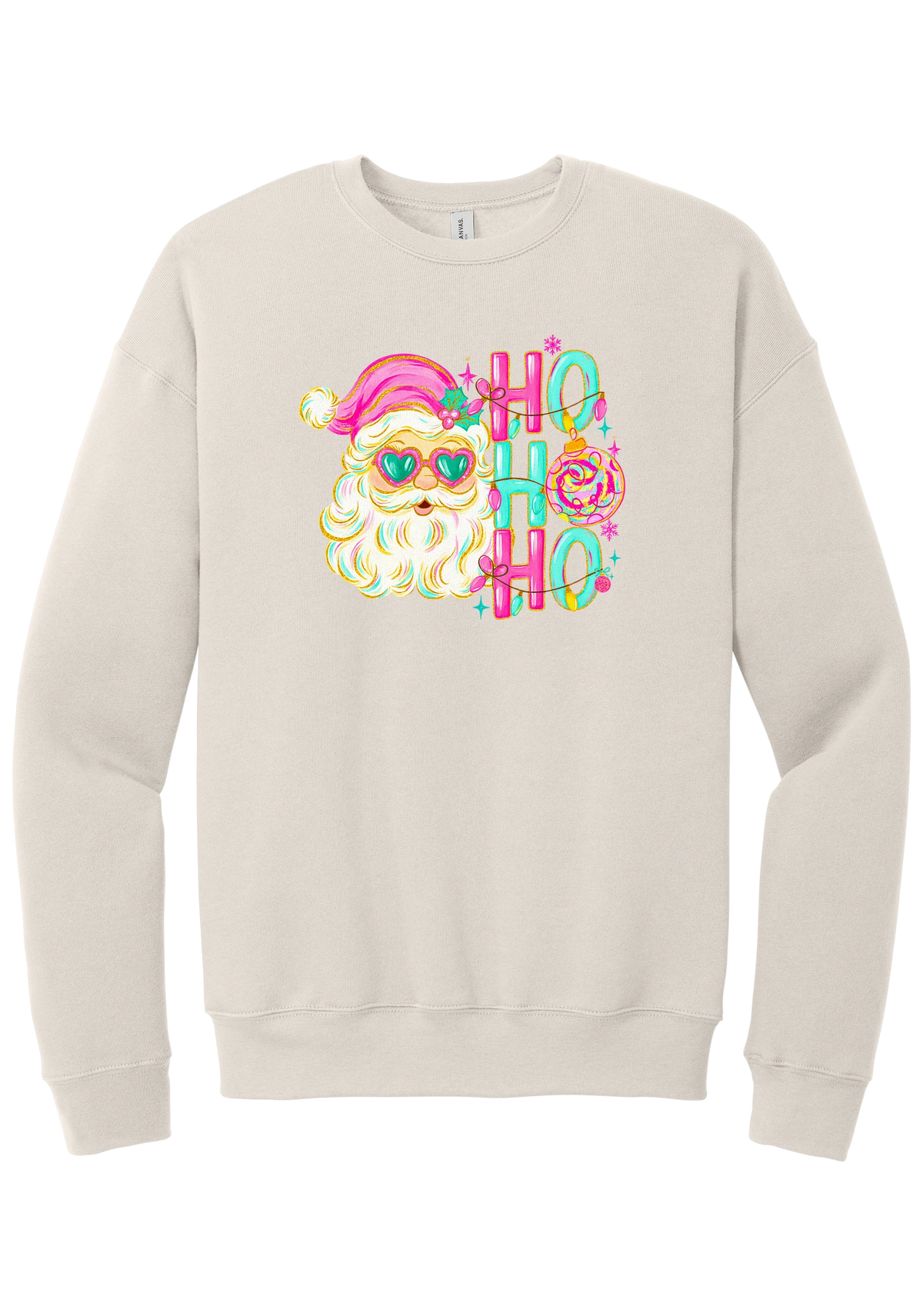 Ho Ho Ho Santa Portrait crewneck sweatshirt in Heather Dust, featuring a pink-hatted Santa in teal heart sunglasses with stacked HO HO HO letters