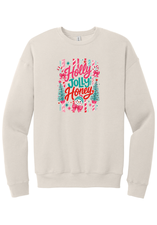 Holly Jolly Honey crewneck sweatshirt in Heather Dust, featuring red and teal Holly Jolly Honey script with candy cane stripes, bottle brush trees, and a snowman