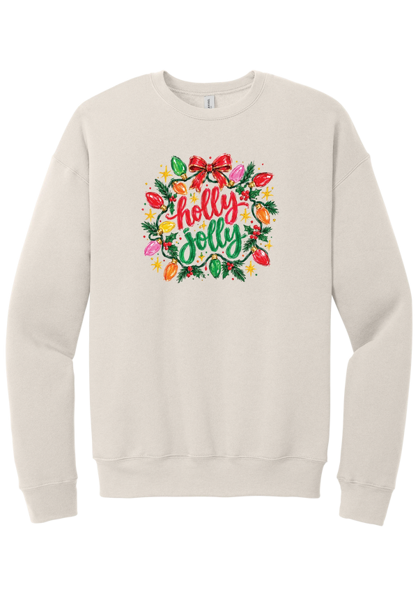 Holly Jolly Christmas Lights crewneck sweatshirt in Heather Dust, featuring hand-lettered holly jolly script framed by vintage Christmas bulb lights, pine, holly berries, and a red bow