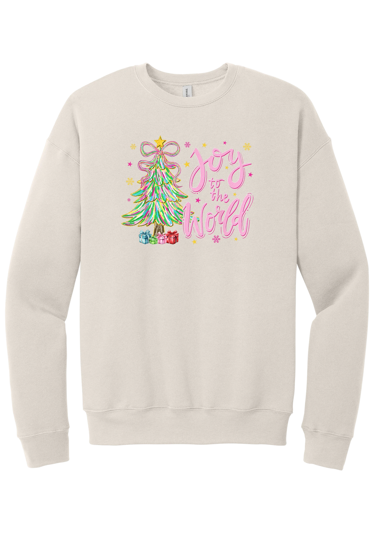 Joy to the World Pastel Tree crewneck sweatshirt in Heather Dust, featuring a pastel tinsel tree with a bow beside Joy to the World pink script