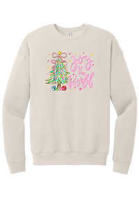 Joy to the World Pastel Tree crewneck sweatshirt in Heather Dust, featuring a pastel tinsel tree with a bow beside Joy to the World pink script