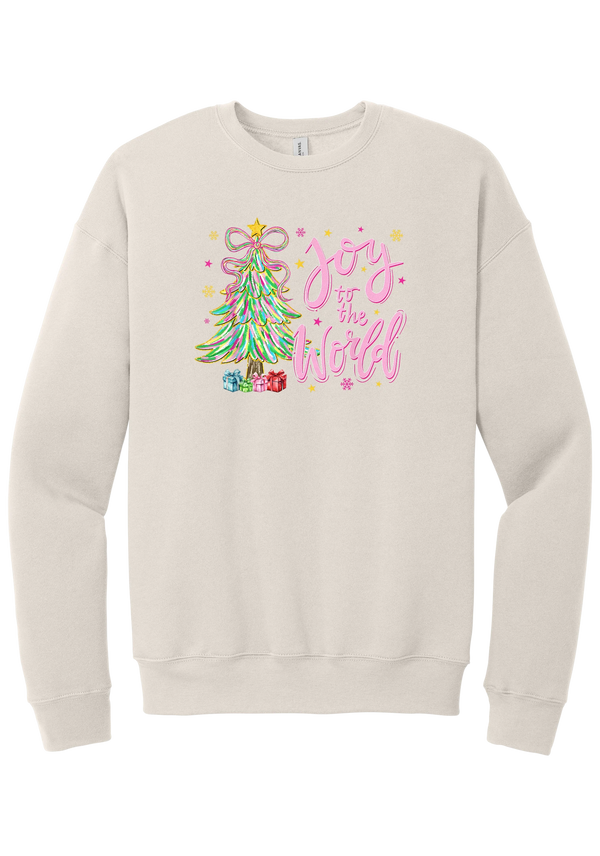 Joy to the World Pastel Tree crewneck sweatshirt in Heather Dust, featuring a pastel tinsel tree with a bow beside Joy to the World pink script