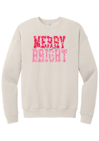 Merry and Bright Sequin crewneck sweatshirt in Heather Dust, featuring varsity MERRY and BRIGHT letters with a pink and red sequin look