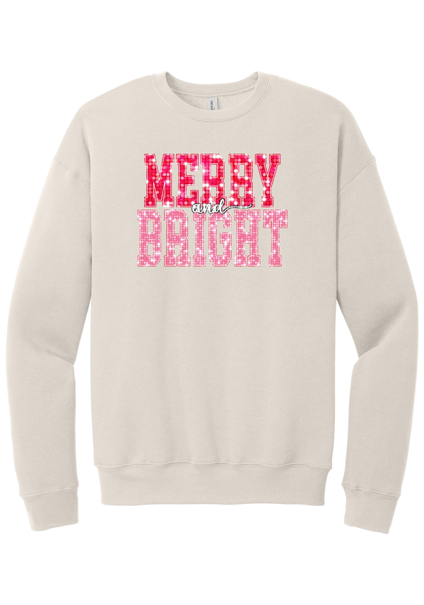 Merry and Bright Sequin crewneck sweatshirt in Heather Dust, featuring varsity MERRY and BRIGHT letters with a pink and red sequin look