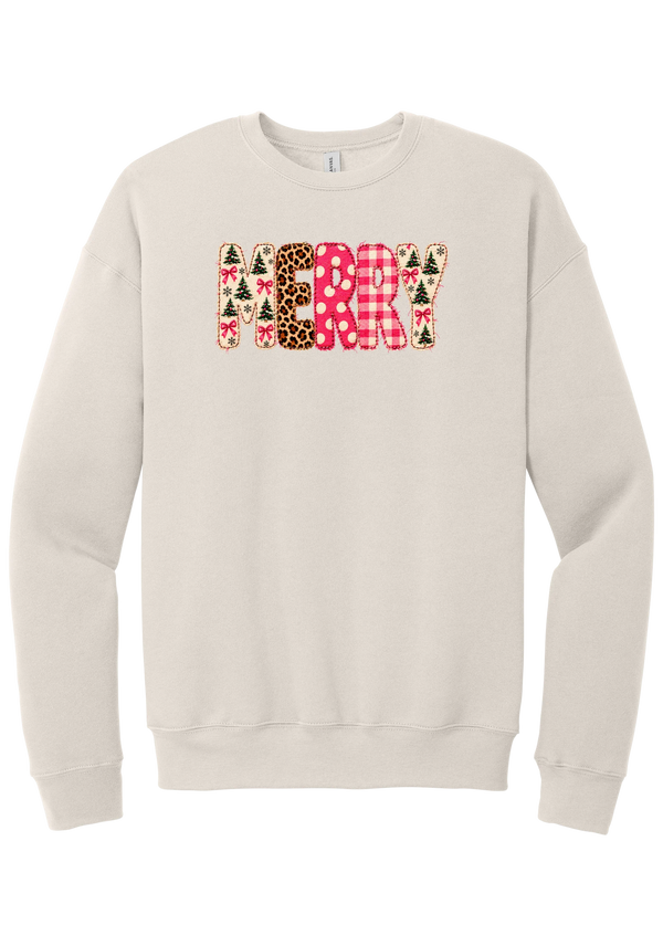 Merry Preppy Applique crewneck sweatshirt in Heather Dust, featuring faux applique MERRY letters in pink and green patchwork patterns with trees, gingham, Santas, polka dots, and candy cane stripes