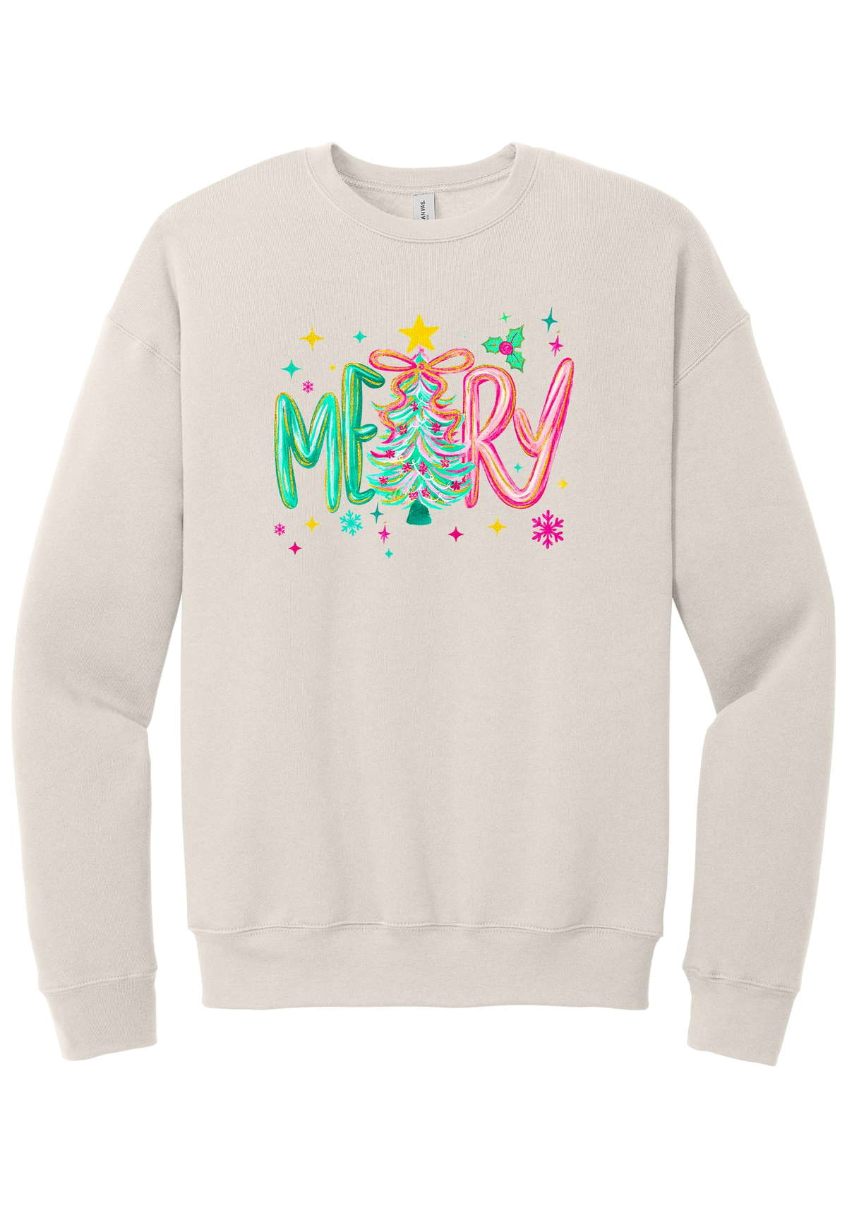 Merry Tinsel Tree crewneck sweatshirt in Heather Dust, featuring puffy teal and pink MERRY letters around a tinsel Christmas tree with a gold star