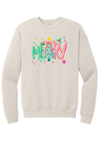 Merry Tinsel Tree crewneck sweatshirt in Heather Dust, featuring puffy teal and pink MERRY letters around a tinsel Christmas tree with a gold star