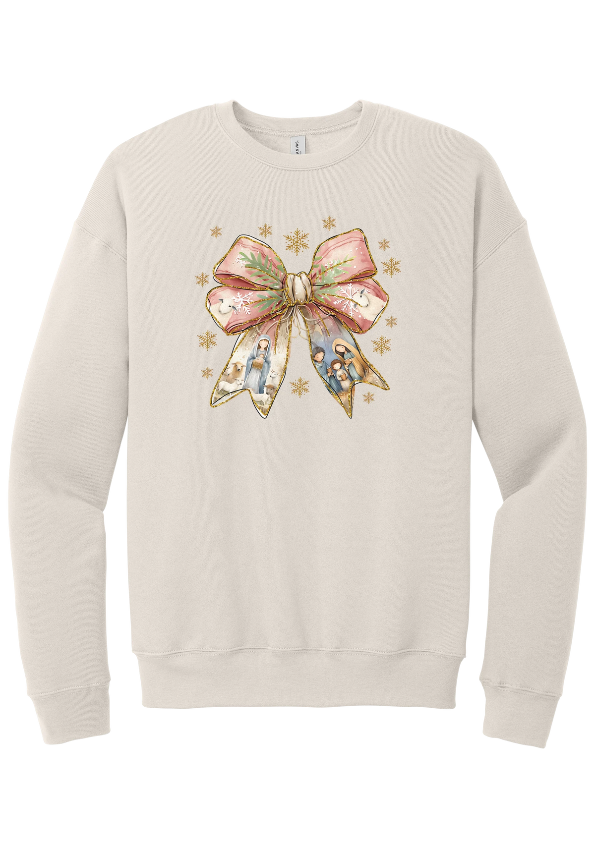 Nativity Bow crewneck sweatshirt in Heather Dust, featuring a blush satin bow with painted nativity scenes in its ribbons and gold snowflakes