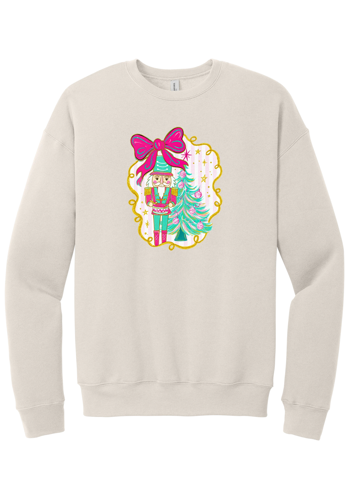 Nutcracker Bow crewneck sweatshirt in Heather Dust, featuring a teal and pink nutcracker beside a tinsel tree under a big hot pink bow