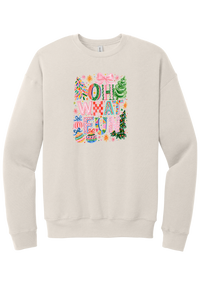 Oh What Fun crewneck sweatshirt in Heather Dust, featuring hand-painted Oh What Fun letters with pink bows, whimsical Christmas trees, and ornaments