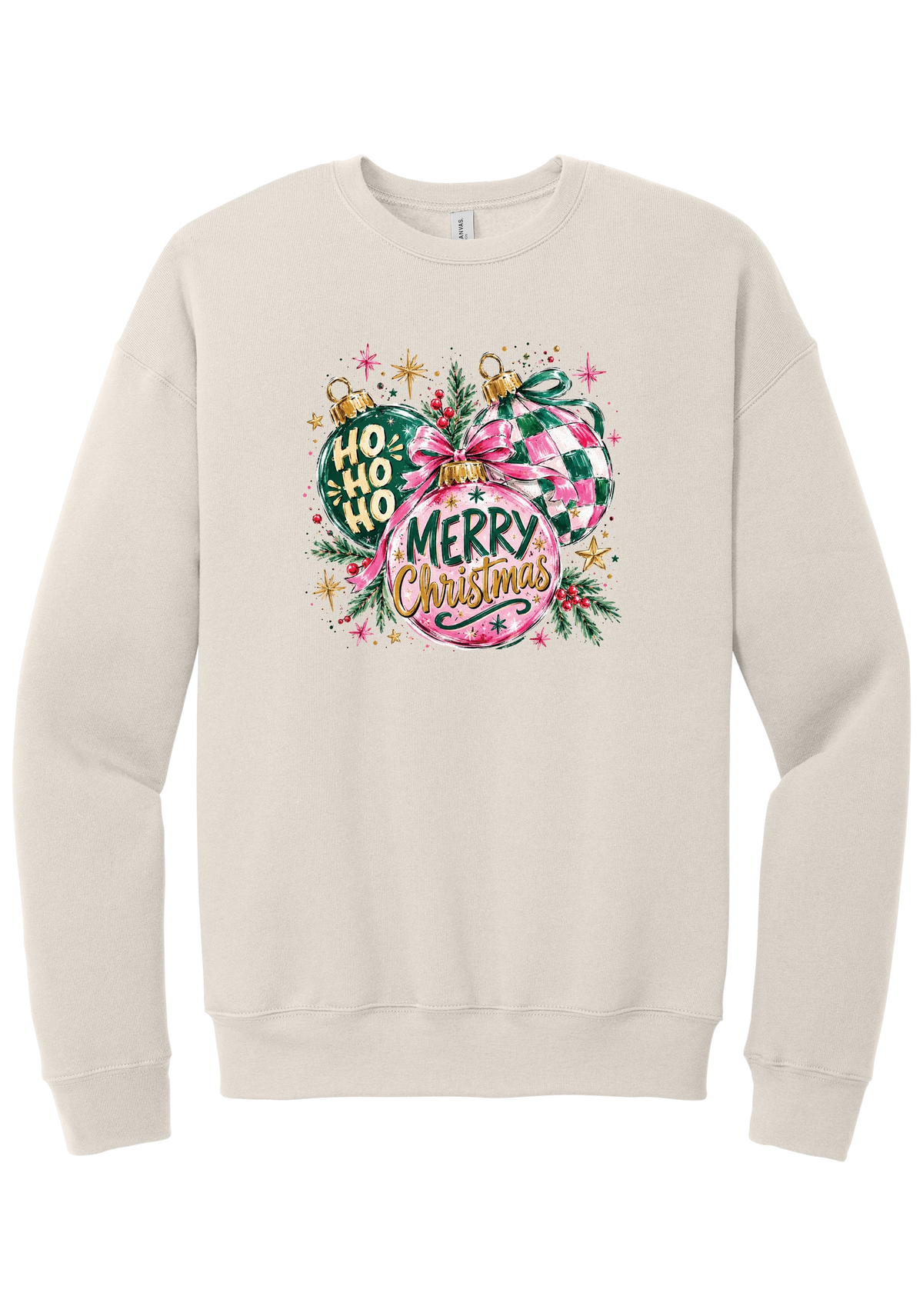 Preppy Christmas Decorations crewneck sweatshirt in Heather Dust, featuring preppy pink and green Christmas ornaments with checkerboard, ribbon bows, HO HO HO, and Merry Christmas in gold script