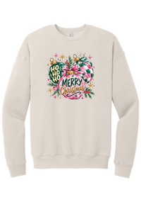 Preppy Christmas Decorations crewneck sweatshirt in Heather Dust, featuring preppy pink and green Christmas ornaments with checkerboard, ribbon bows, HO HO HO, and Merry Christmas in gold script