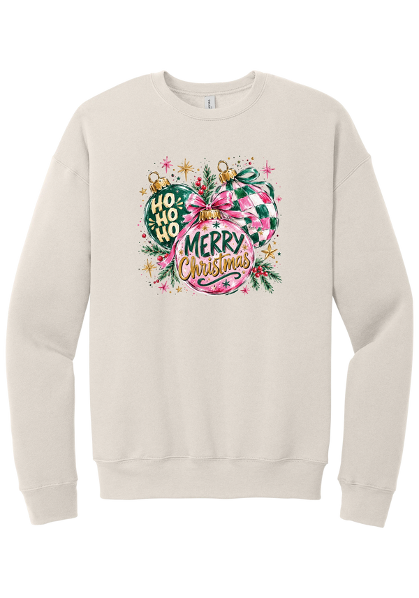 Preppy Christmas Decorations crewneck sweatshirt in Heather Dust, featuring preppy pink and green Christmas ornaments with checkerboard, ribbon bows, HO HO HO, and Merry Christmas in gold script