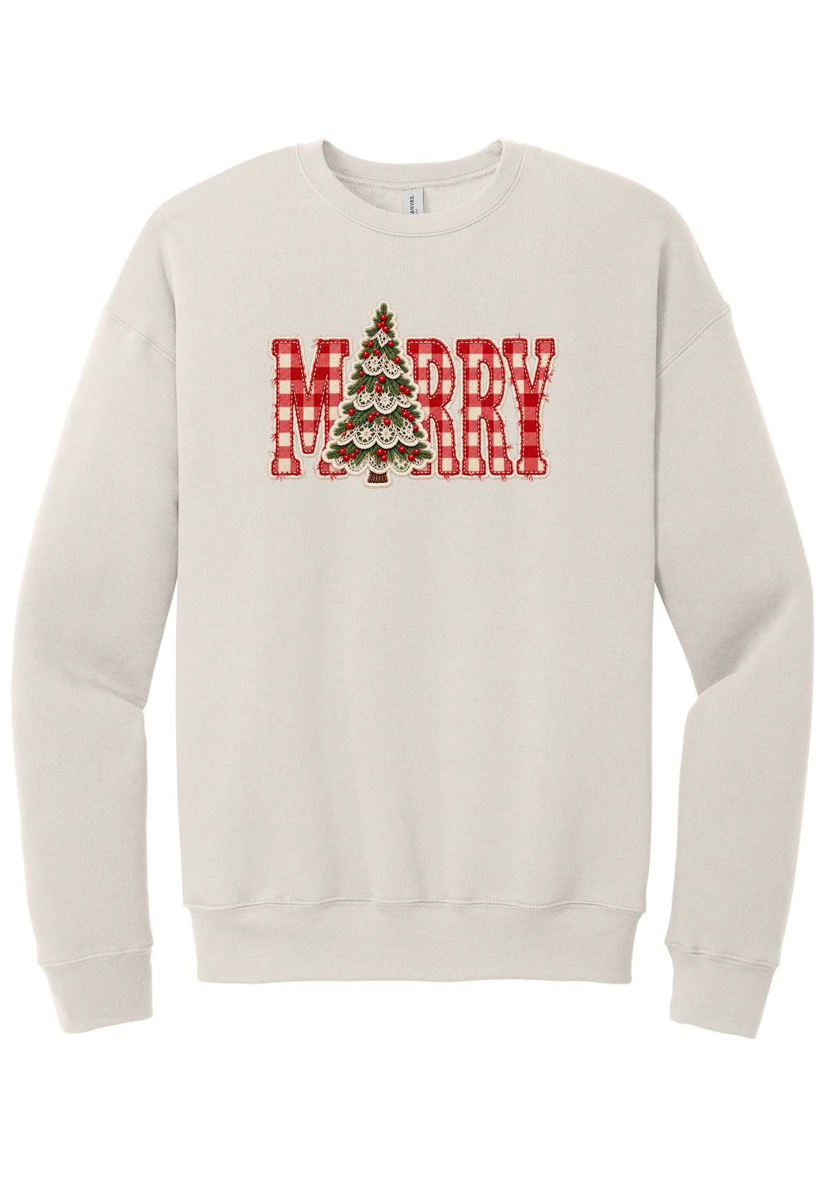 Red Gingham Merry Tree crewneck sweatshirt in Heather Dust, featuring red gingham MERRY letters with a lace-trimmed Christmas tree in the center