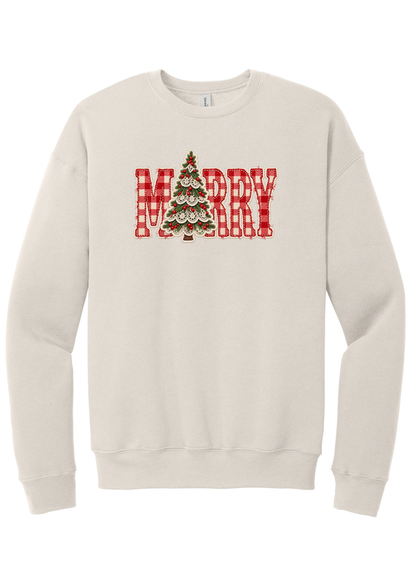 Red Gingham Merry Tree crewneck sweatshirt in Heather Dust, featuring red gingham MERRY letters with a lace-trimmed Christmas tree in the center