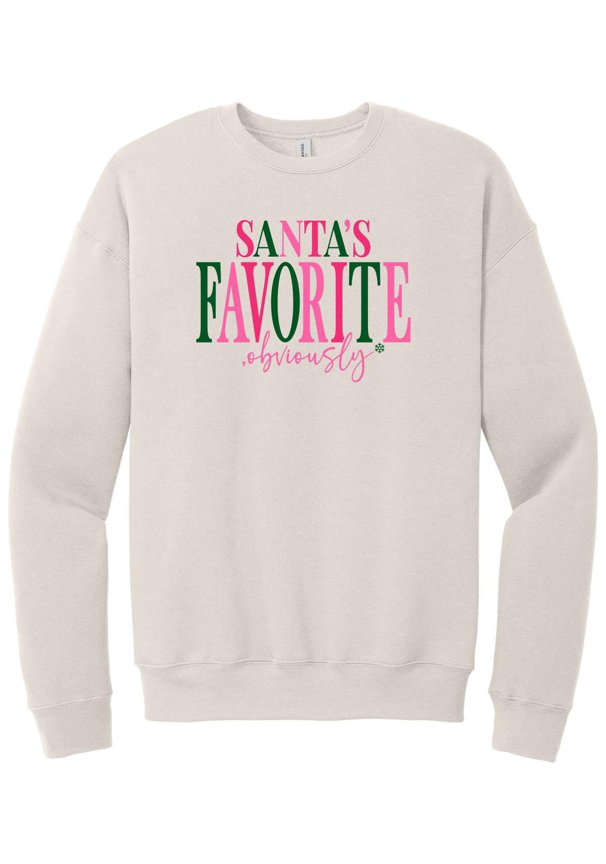 Santa's Favorite, Obviously crewneck sweatshirt in Heather Dust, featuring SANTA'S FAVORITE in pink and green serif lettering with a pink script obviously and a green snowflake