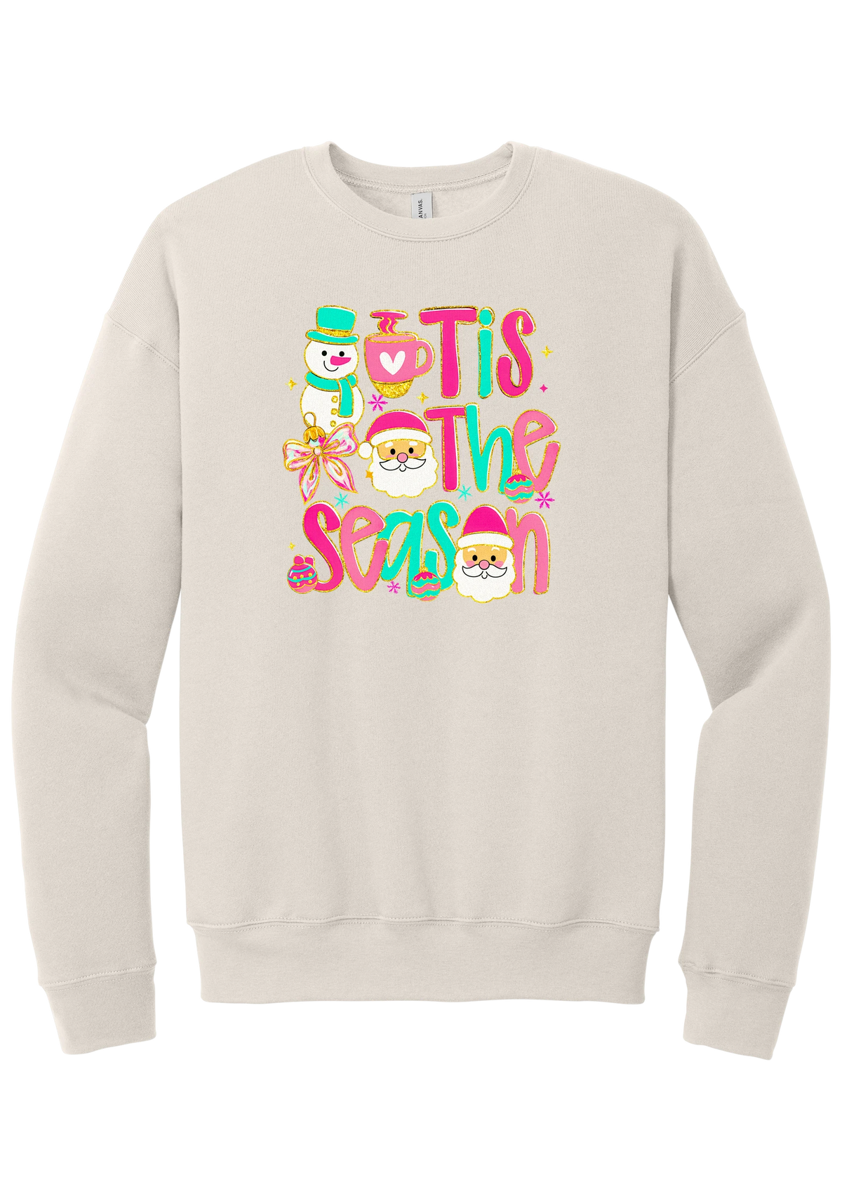 Tis the Season Snowman crewneck sweatshirt in Heather Dust, featuring pink and teal TIS THE SEASON letters with a snowman, a cocoa mug, and Santas