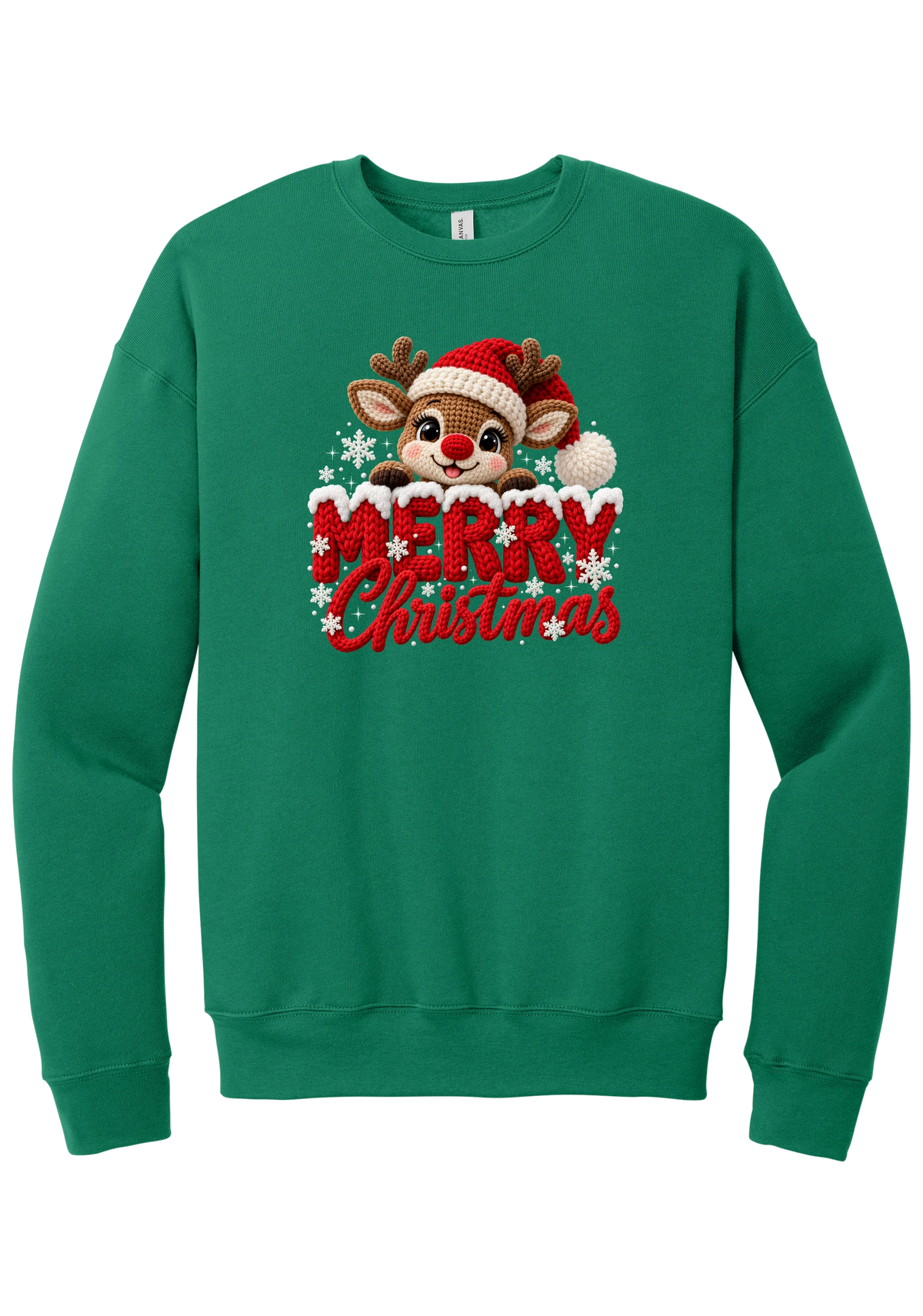 Crocheted Rudolph Merry Christmas crewneck sweatshirt in Kelly Green, featuring a crochet-style reindeer in a Santa hat peeking over knit-texture Merry Christmas lettering with snowflakes