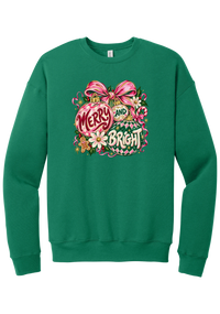 Merry and Bright Ornaments crewneck sweatshirt in Kelly Green, featuring hand-painted pink and green ornaments reading Merry and Bright with a pink bow, holly, daisies, a candy cane, and a gingerbread man