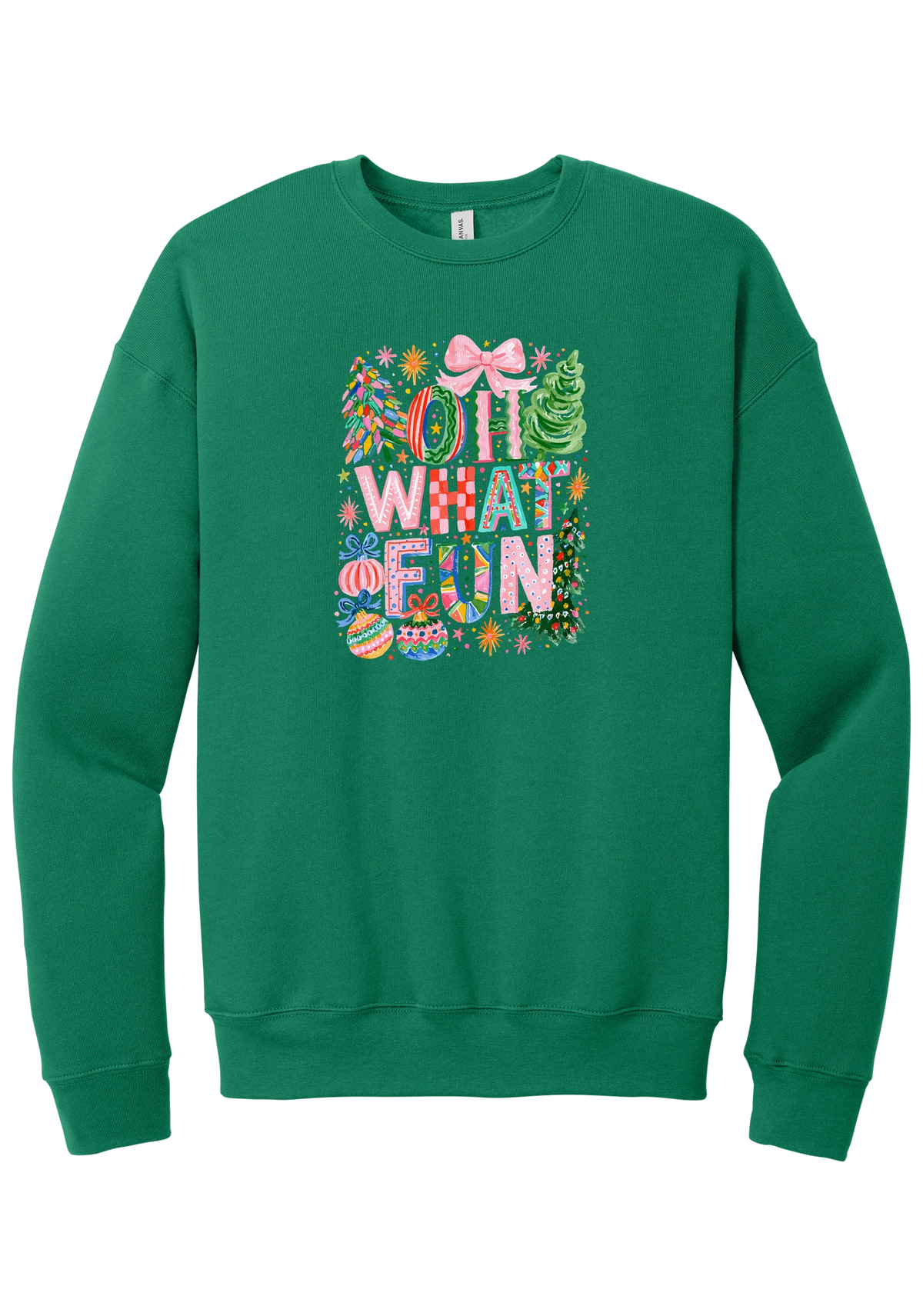 Oh What Fun crewneck sweatshirt in Kelly Green, featuring hand-painted Oh What Fun letters with pink bows, whimsical Christmas trees, and ornaments