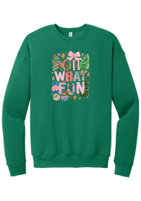 Oh What Fun crewneck sweatshirt in Kelly Green, featuring hand-painted Oh What Fun letters with pink bows, whimsical Christmas trees, and ornaments