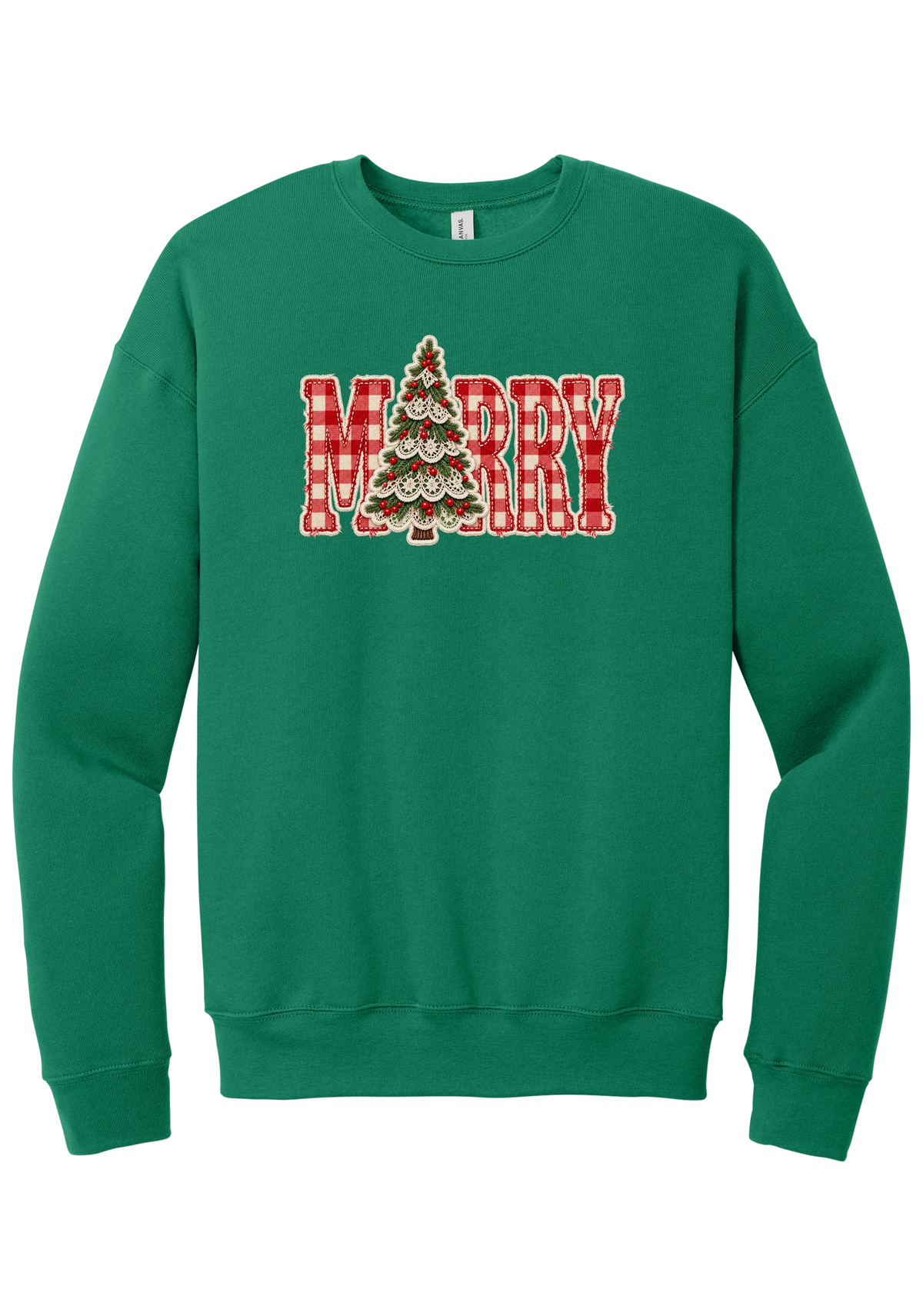 Red Gingham Merry Tree crewneck sweatshirt in Kelly Green, featuring red gingham MERRY letters with a lace-trimmed Christmas tree in the center