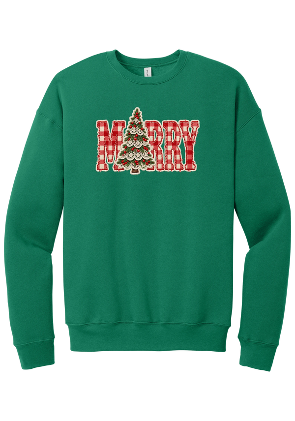Red Gingham Merry Tree crewneck sweatshirt in Kelly Green, featuring red gingham MERRY letters with a lace-trimmed Christmas tree in the center