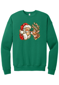 Santa and Rudolph Boop crewneck sweatshirt in Kelly Green, featuring a hand-painted vintage Santa booping a smiling reindeer on its red nose