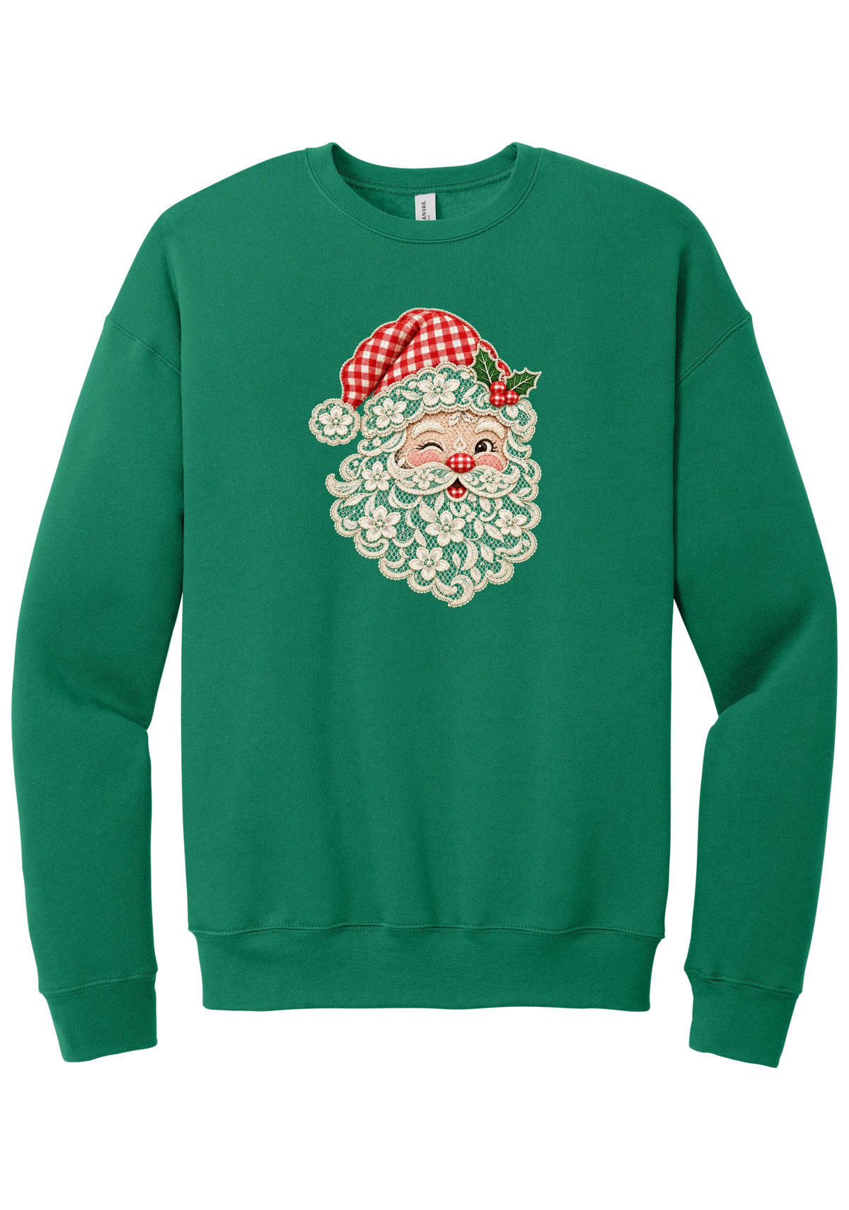 Vintage Lace Santa crewneck sweatshirt in Kelly Green, featuring a winking Santa face in a vintage lace-look print with a cream floral beard, red gingham hat, and holly