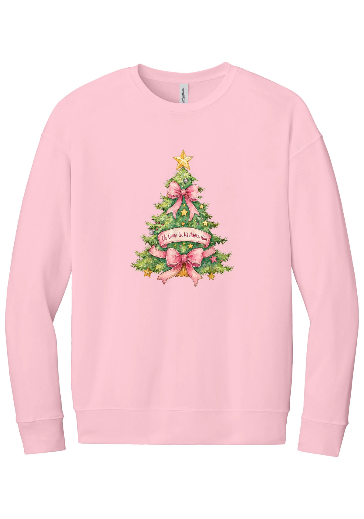 Adore Him Bow Tree crewneck sweatshirt in Pink, featuring a green Christmas tree with pink bows, a gold star, and an Oh Come Let Us Adore Him banner