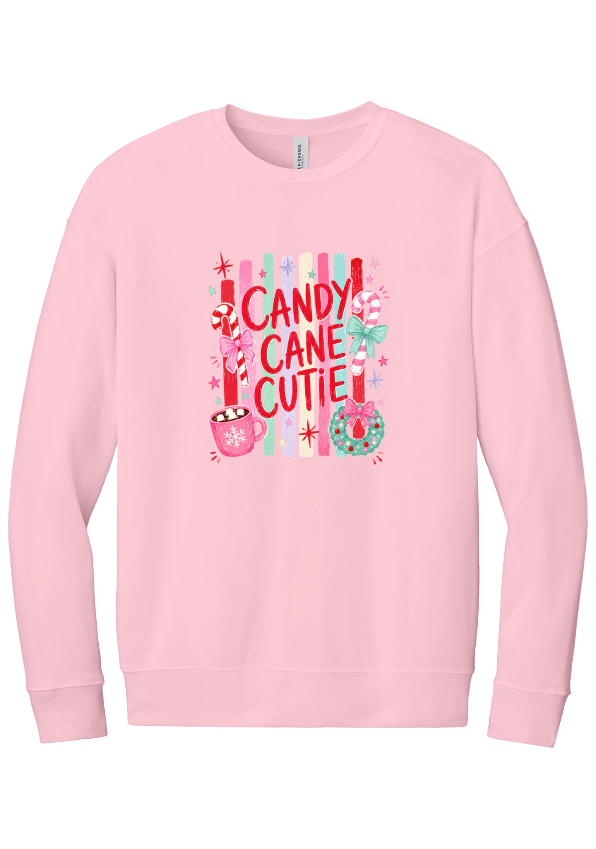 Candy Cane Cutie crewneck sweatshirt in Pink, featuring red CANDY CANE CUTIE letters on pastel stripes with candy canes, cocoa, and bows