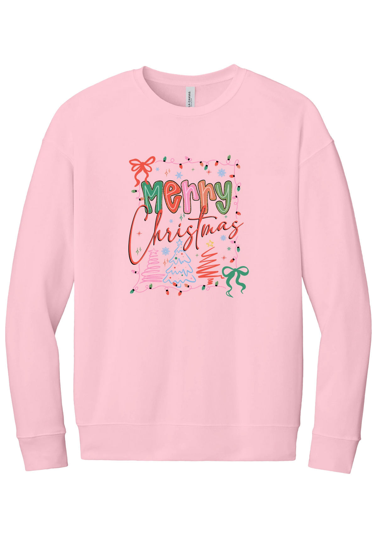 Coquette Merry Christmas Outline crewneck sweatshirt in Pink, featuring Merry Christmas bubble letters and script framed by string lights, coquette bows, and sketched Christmas trees