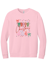 Coquette Merry Christmas Outline crewneck sweatshirt in Pink, featuring Merry Christmas bubble letters and script framed by string lights, coquette bows, and sketched Christmas trees
