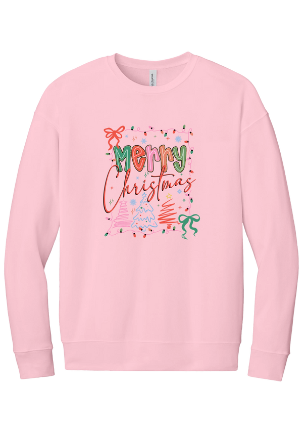 Coquette Merry Christmas Outline crewneck sweatshirt in Pink, featuring Merry Christmas bubble letters and script framed by string lights, coquette bows, and sketched Christmas trees