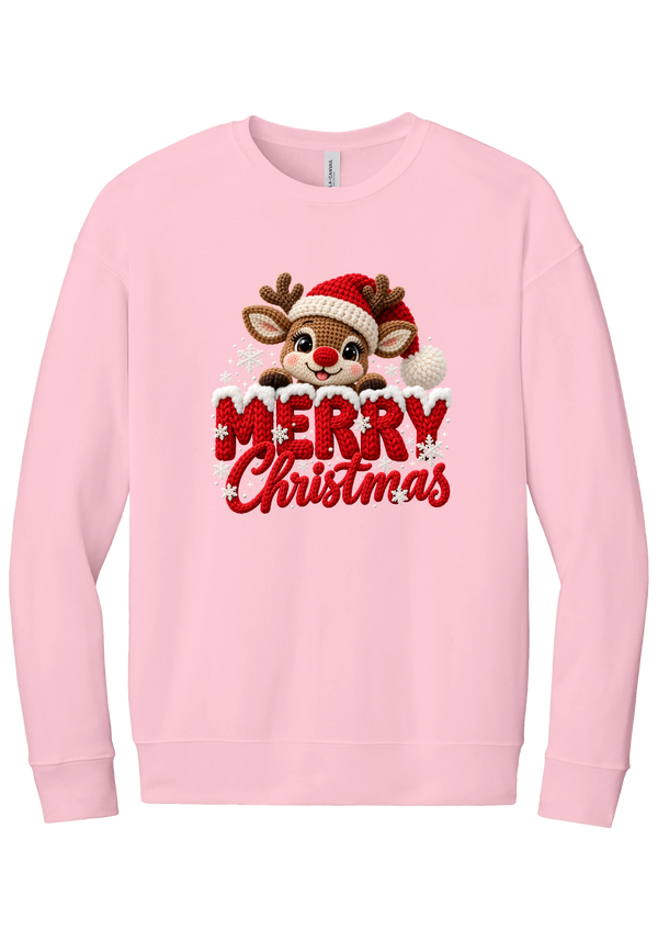 Crocheted Rudolph Merry Christmas crewneck sweatshirt in Pink, featuring a crochet-style reindeer in a Santa hat peeking over knit-texture Merry Christmas lettering with snowflakes