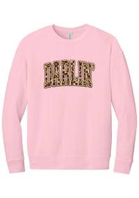 Darlin' crewneck sweatshirt, Leopard Checker design, in Pink, featuring arched varsity DARLIN' letters filled with leopard and checker print