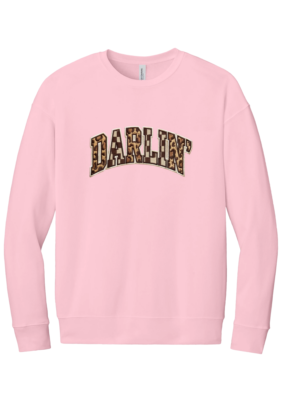 Darlin' crewneck sweatshirt, Patchwork design, in Pink, featuring arched varsity DARLIN' letters filled with leopard and checker print