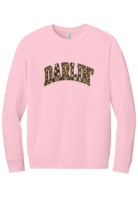 Darlin' crewneck sweatshirt, Patchwork design, in Pink, featuring arched varsity DARLIN' letters filled with leopard and checker print