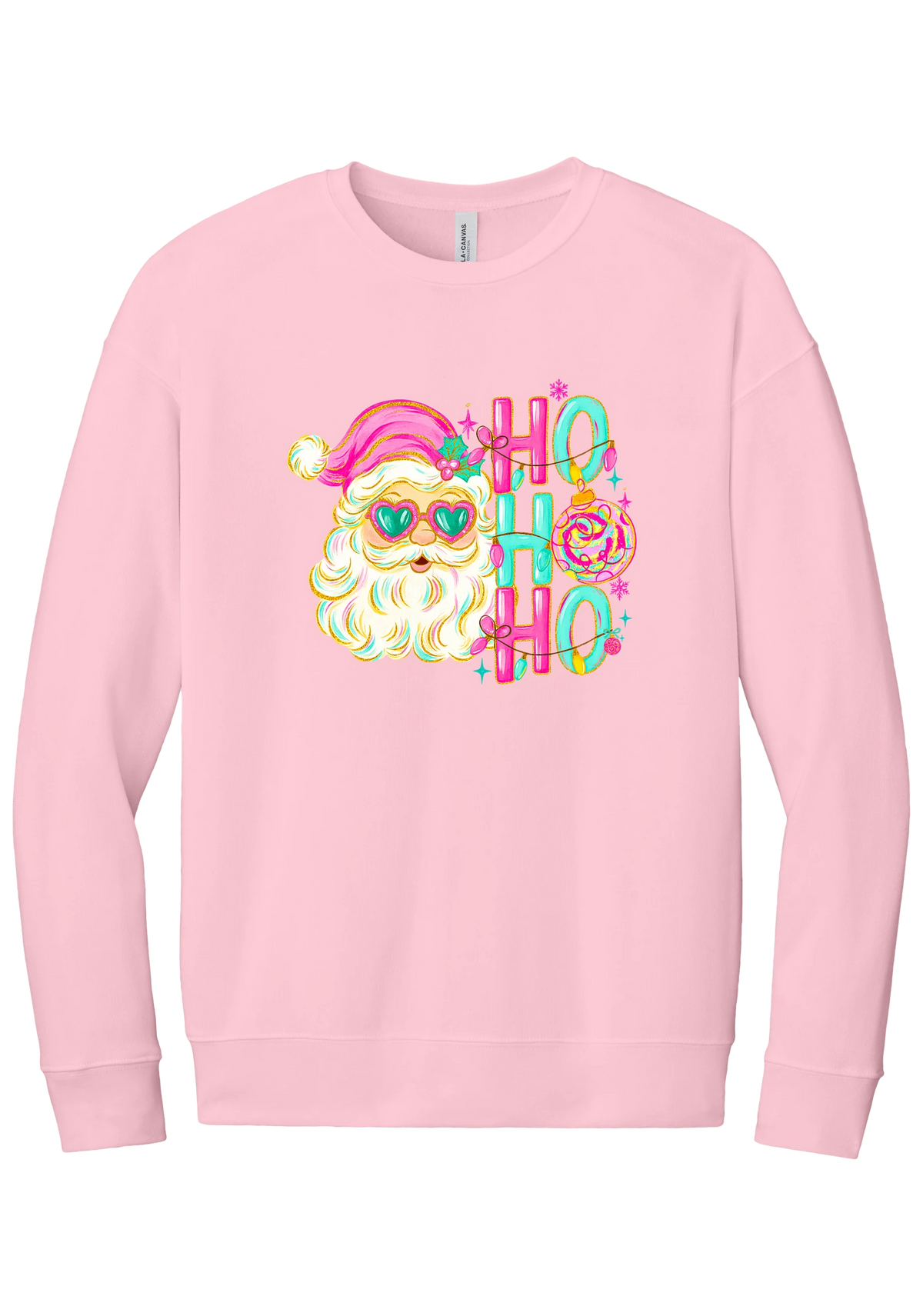 Ho Ho Ho Santa Portrait crewneck sweatshirt in Pink, featuring a pink-hatted Santa in teal heart sunglasses with stacked HO HO HO letters
