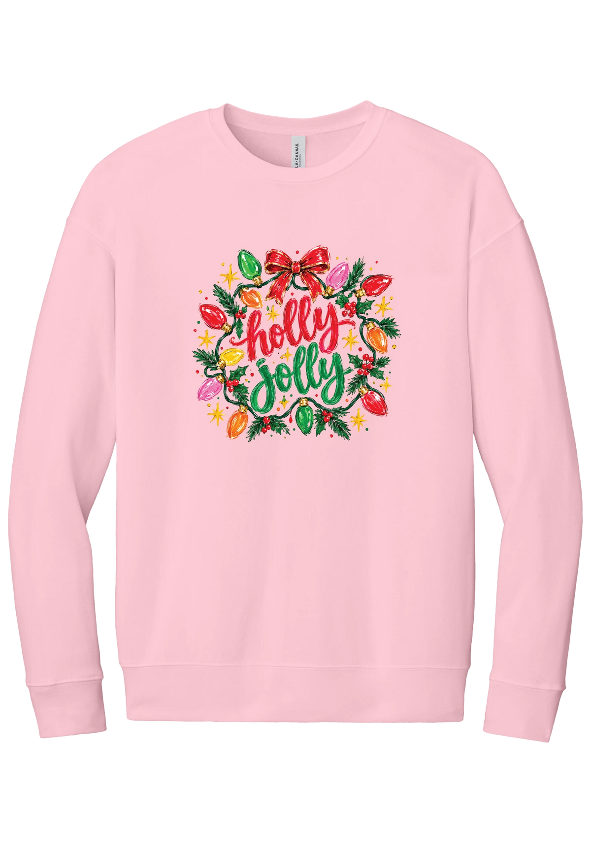 Holly Jolly Christmas Lights crewneck sweatshirt in Pink, featuring hand-lettered holly jolly script framed by vintage Christmas bulb lights, pine, holly berries, and a red bow