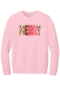 Merry Preppy Applique crewneck sweatshirt in Pink, featuring faux applique MERRY letters in pink and green patchwork patterns with trees, gingham, Santas, polka dots, and candy cane stripes