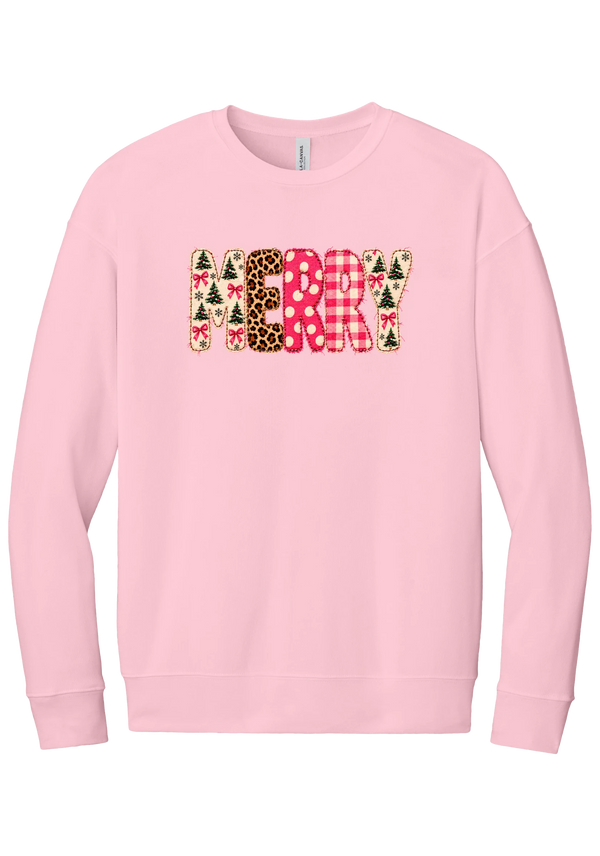 Merry Preppy Applique crewneck sweatshirt in Pink, featuring faux applique MERRY letters in pink and green patchwork patterns with trees, gingham, Santas, polka dots, and candy cane stripes