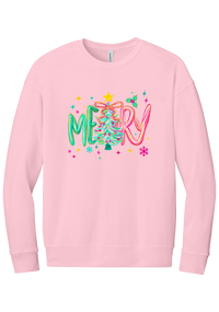 Merry Tinsel Tree crewneck sweatshirt in Pink, featuring puffy teal and pink MERRY letters around a tinsel Christmas tree with a gold star