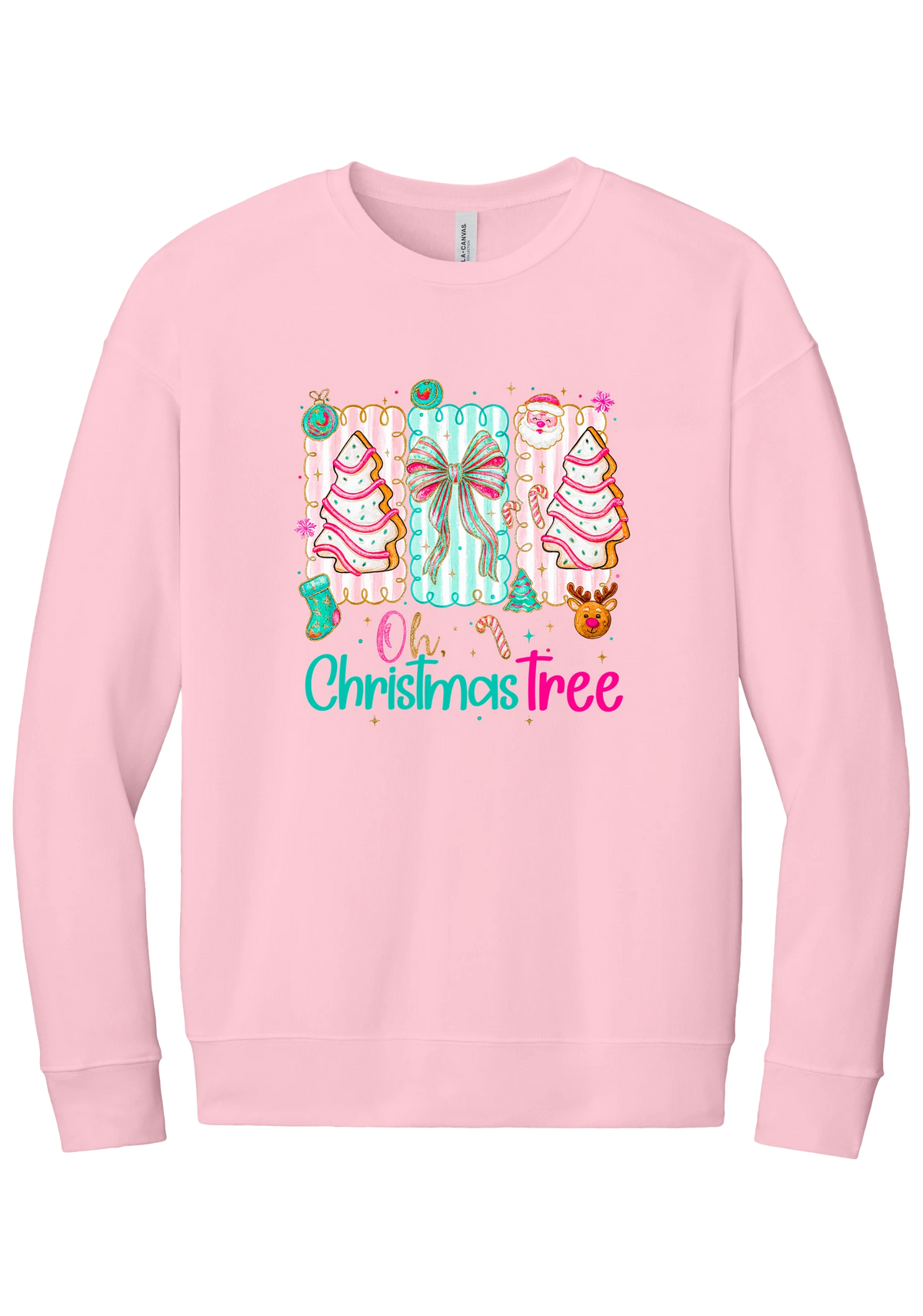 Oh Christmas Tree Cakes crewneck sweatshirt in Pink, featuring frosted Christmas tree snack cakes on pink and mint panels over Oh Christmas Tree lettering