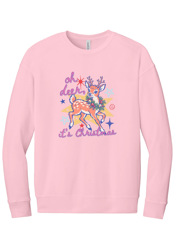 Oh Deer Retro crewneck sweatshirt in Pink, featuring a retro spotted fawn with a holly wreath, pastel stars, and Oh Deer It's Christmas script