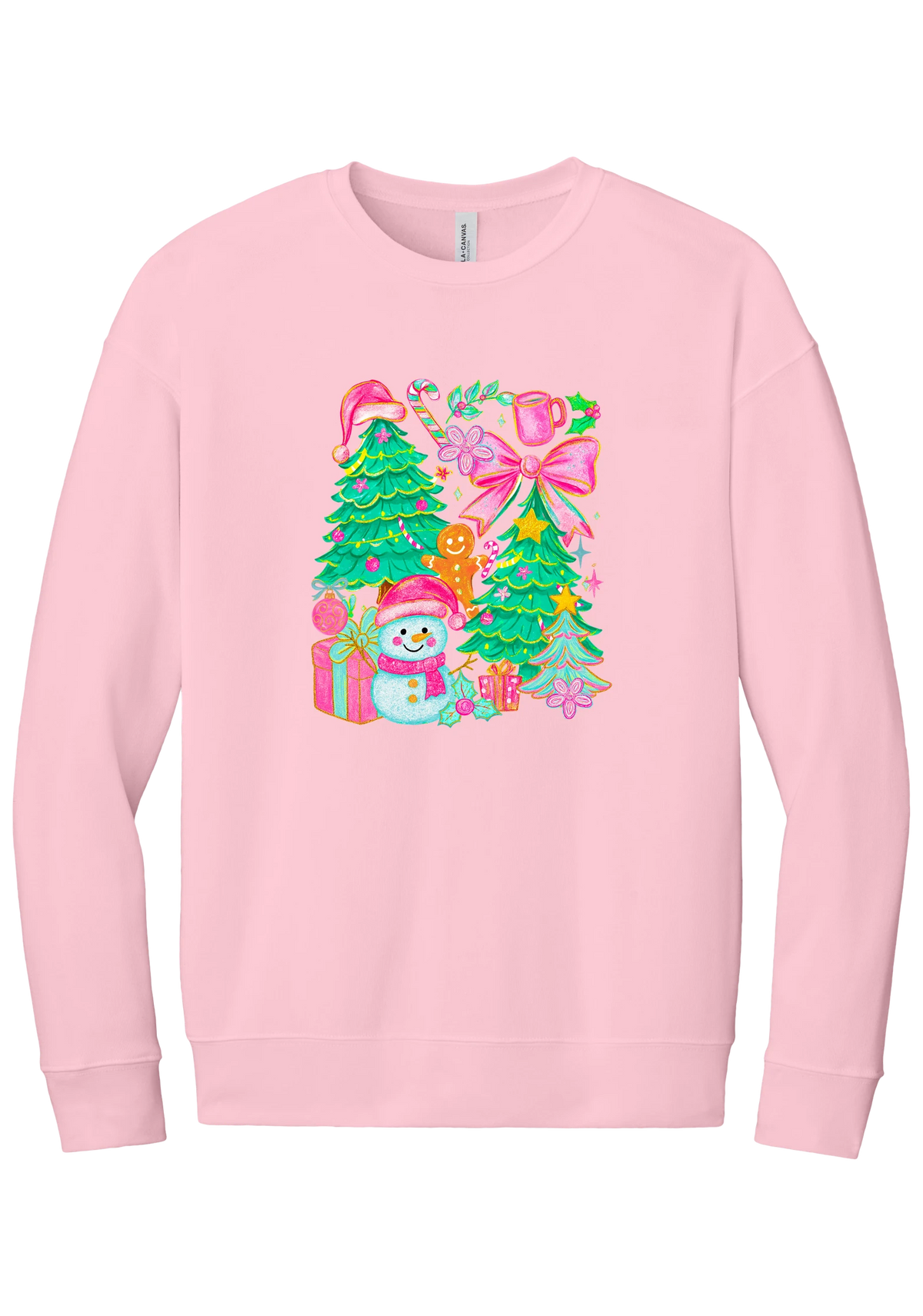 Preppy Christmas Doodle crewneck sweatshirt in Pink, featuring a doodle collage of Christmas trees, a snowman, a gingerbread man, gifts, and pink bows